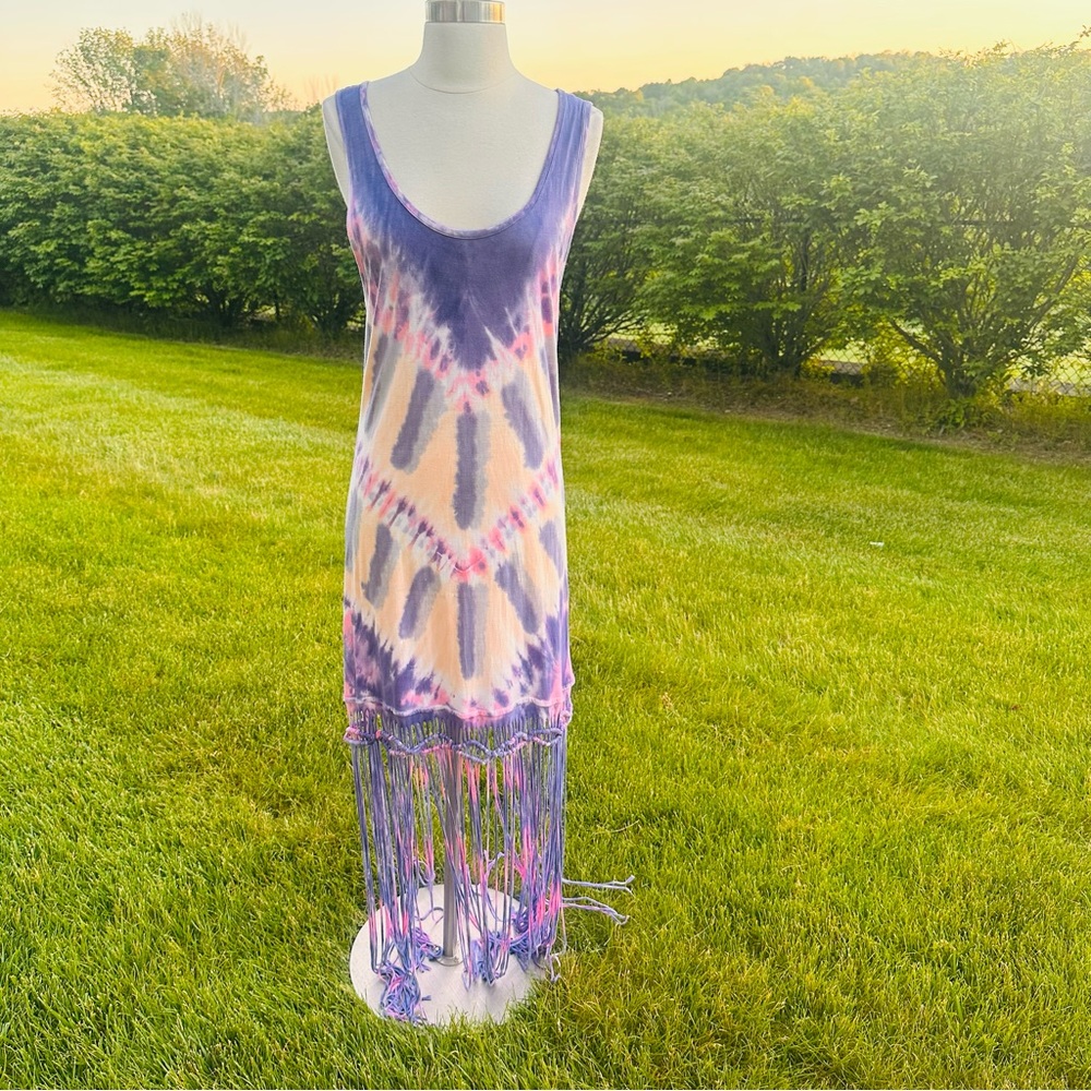 Topshop Tie Dye Fringe Maxi Dress Purple Pink Cream Size M Festival Boho